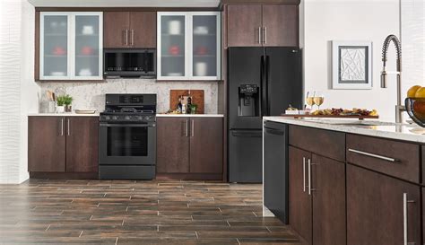 brown cabinets and black stainless steel appliances|black stainless steel cabinet color schemes.